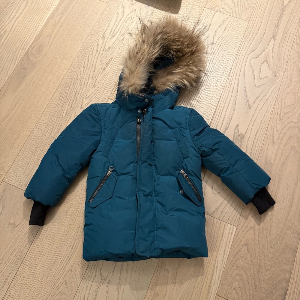Mackage Blue Jacket with Faux Fur Trim